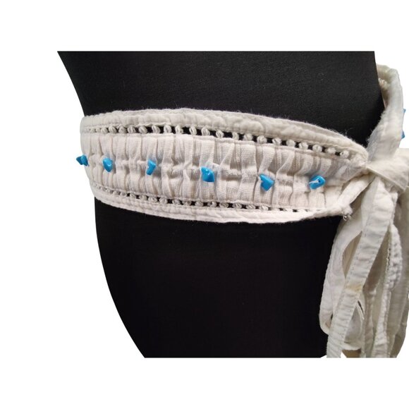 Women's Boho White Fabric Belt with Turquoise Beads - Picture 3 of 5